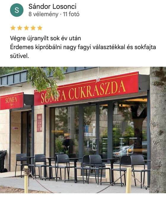 Google-értékelés, 5 csillag — Sándor Losonci: „Végre újranyílt sok év után. Nagy fagyiválaszték, sokféle süti.”